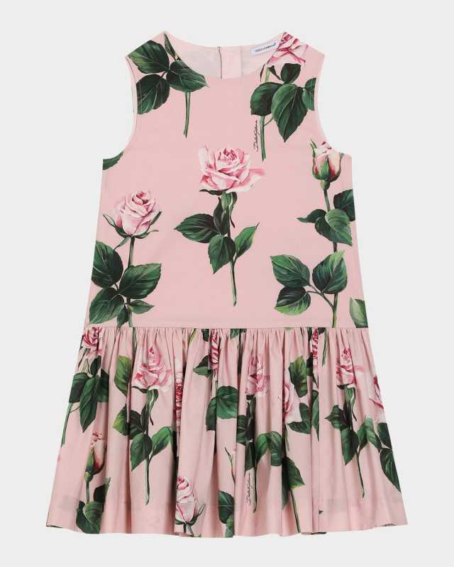 Girl's Rose-Print Sleeveless Dress, Size 8-14